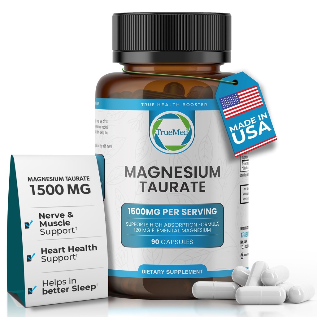 Natuurlijke Magnesium Taurate Supplement 1500 mg met 90 capsules - 30 dagen voorziening voor slaapondersteuning, hartgezondheid, ontspannen, bloeddrukbalans, en energie Boost