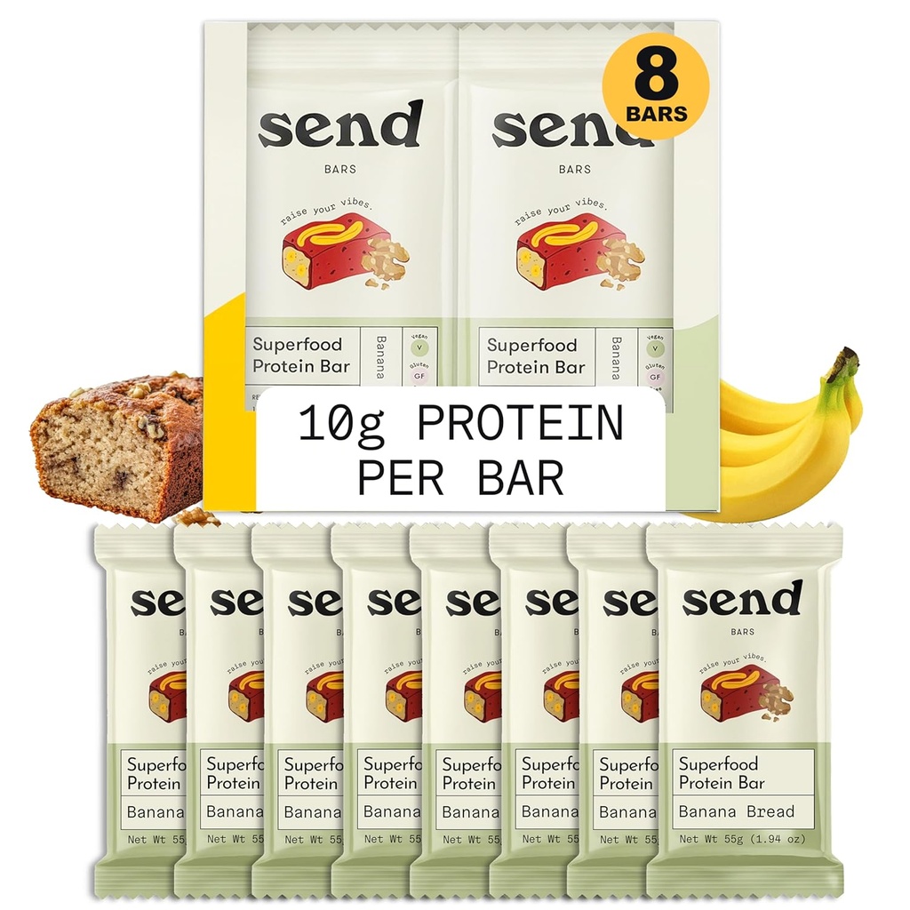 Envoyer des barres de protéines végétaliennes à base végétale, avec des verts (pain de banane, 8 barres) – seulement des ingrédients réels, Zéro sucre ajouté, sans gluten, sans lait