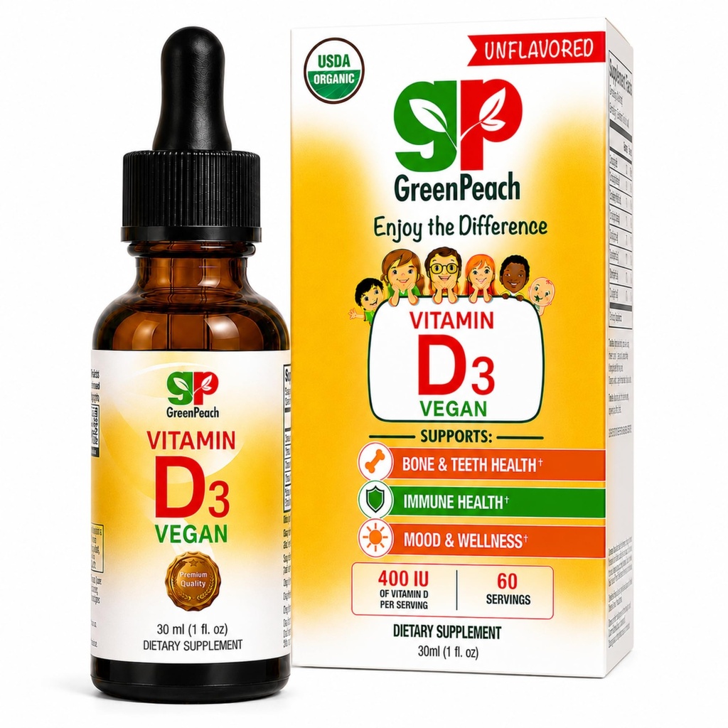 GreenPeach Liquid Vegan Organic Vitamin D 400 tot 1600 IE - D3 druppels voor peuter, kinderen, baby's en zuigelingen, vitamine D Baby druppels, natuurlijk, 60 porties