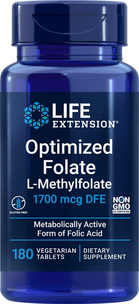 Levensverlenging Geoptimaliseerd Folaat (L-methylfolaat) 1700 mcg DFE, 180 Veg Tabletten