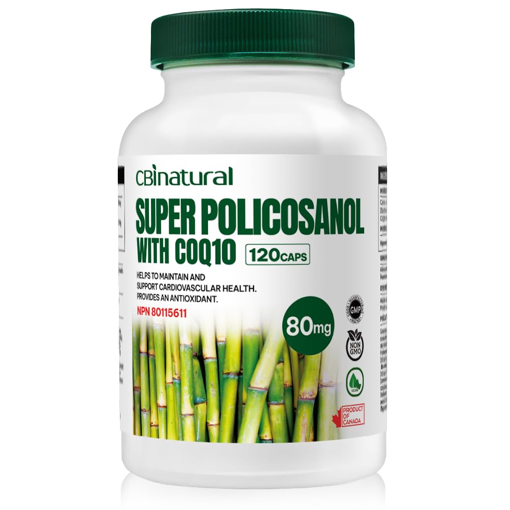Super Policosanol de canne à sucre 80 mg avec CoQ10 30 mg, 120 capsules végétales, soutien du coeur et du cholestérol, alimentation de 4 mois, non-OGM, sans gluten