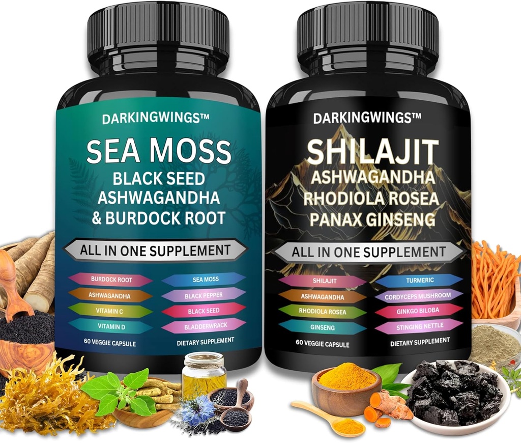 Shilajit en zee mos combo -Sea Moss 3000mg, Black Seed Oil 2000mg, Ashwagandha 2000mg, Shilajit 9000mg, Rhodiola Rosea1000mg,Panax Ginseng1500mg 