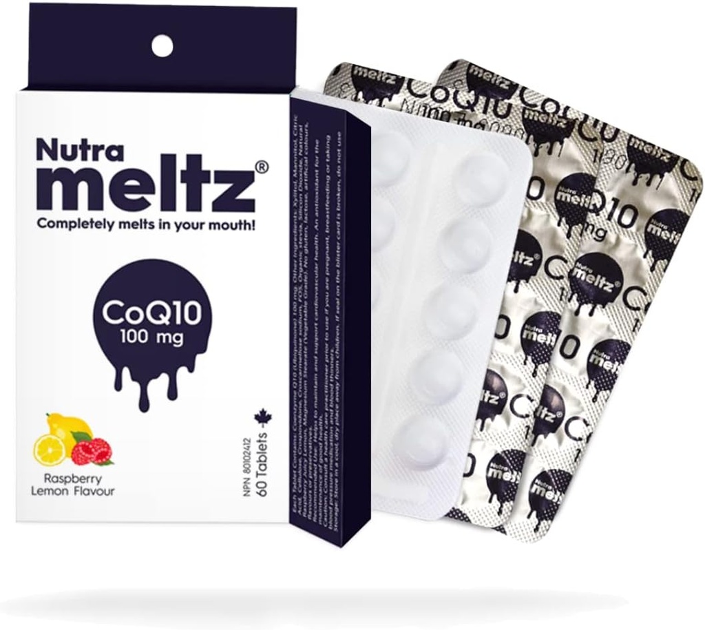 Nutra smeltz CoQ10 100 mg Coenzyme Q10 Ondersteunt de gezondheid van het hart, verbetert de energieproductie Snel oplossende tabletten voor enzymdeficiëntie Raspberry & Citroensmaak (60 tabletten)