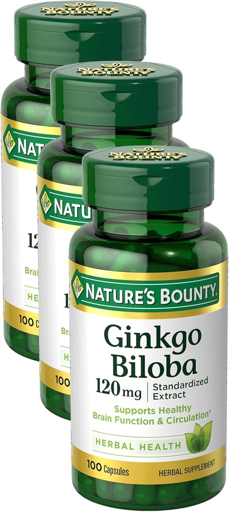 Nature's Bounty Ginkgo Biloba Capsules 120mg, Geheugen Ondersteuning Supplement, Ondersteunt Hersenfunctie en geestelijke alertheid, 100 Capsules (verpakking van 3)