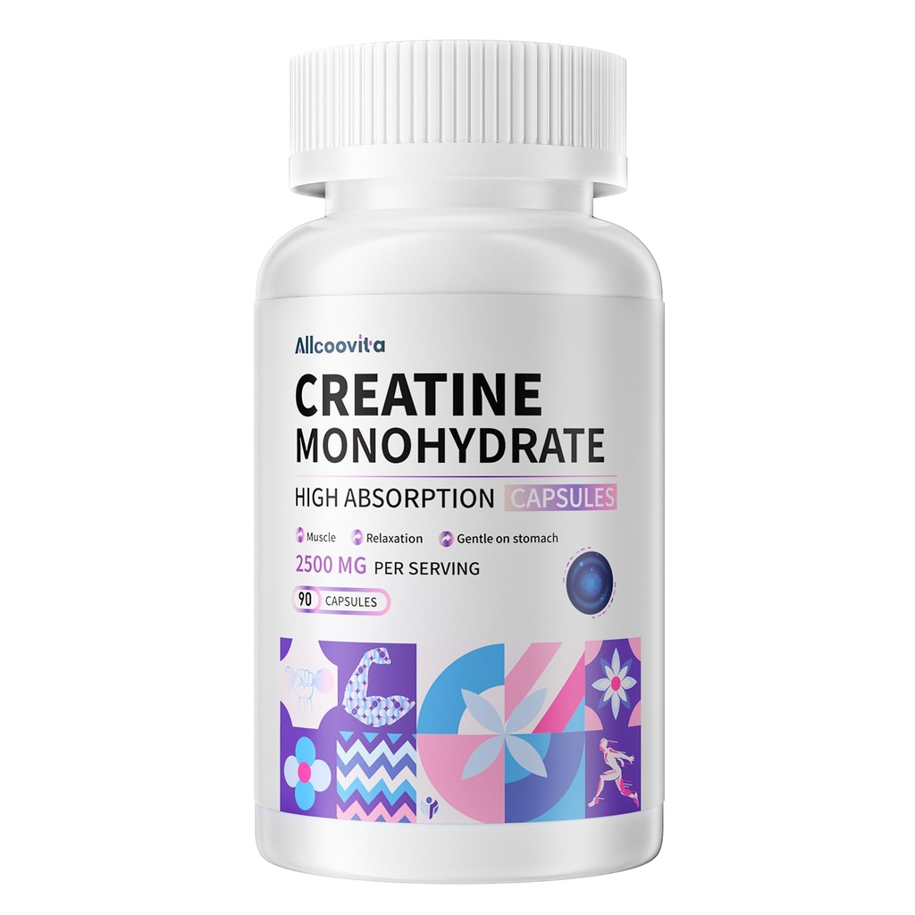 Capsules monohydratées de créatine -3 Capsules de créatine par portion, 2500mg, sans gluten, 90 Capsules