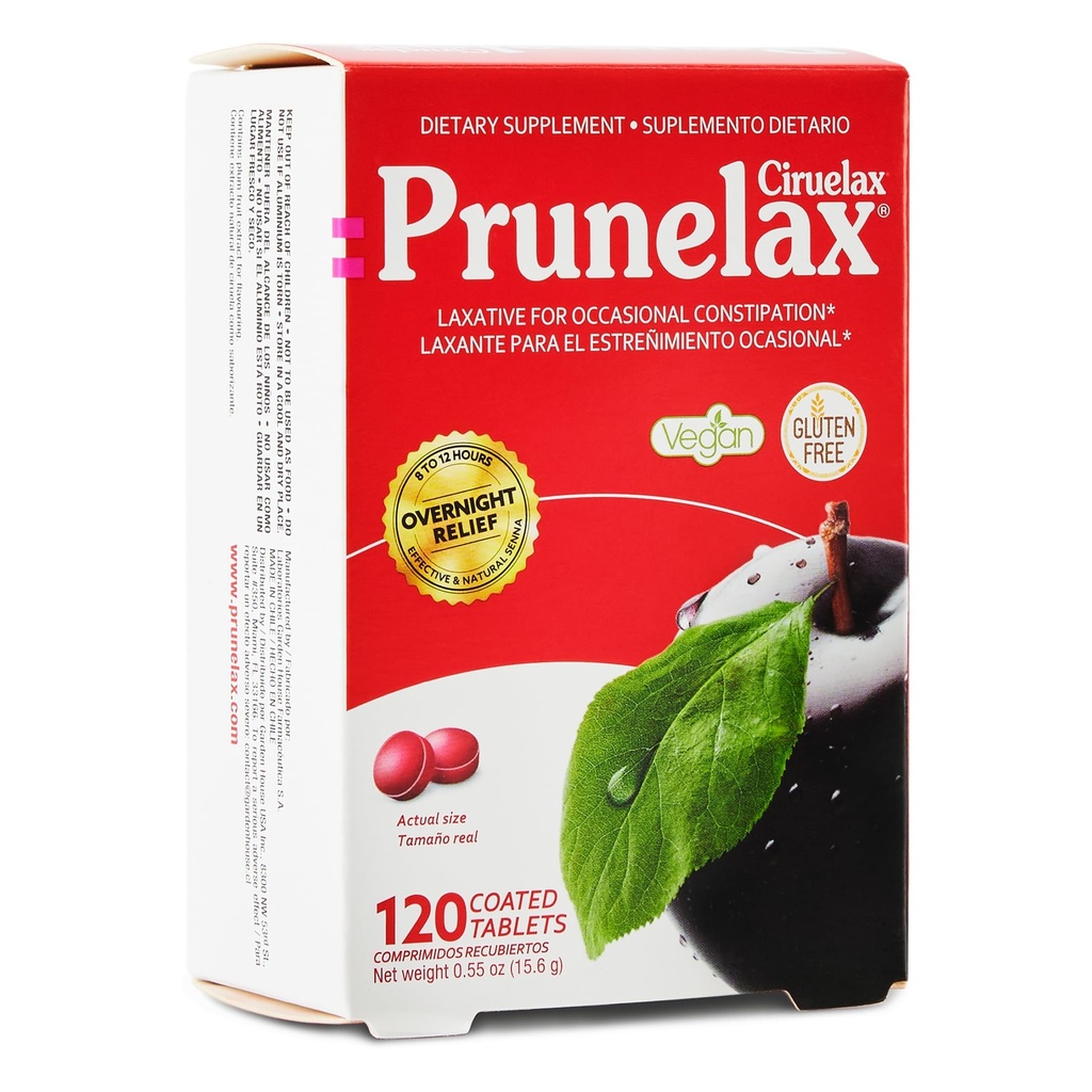 Prunelax Ciruelax Regular Strength Laxative Mini Tablets - Overnight Relief for Occasional Constipatie, Senna Extract, Vegan & Gluten-Free, Gentle Relief - 120ct
