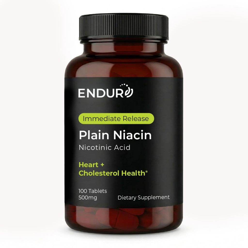 Endur Plain Niacin (Nicotinezuur), Heart Health & Healthy Cholesterol Balance Supplement, Immediate-Release Formula, Glutenvrij, 500mg (100 tabletten)