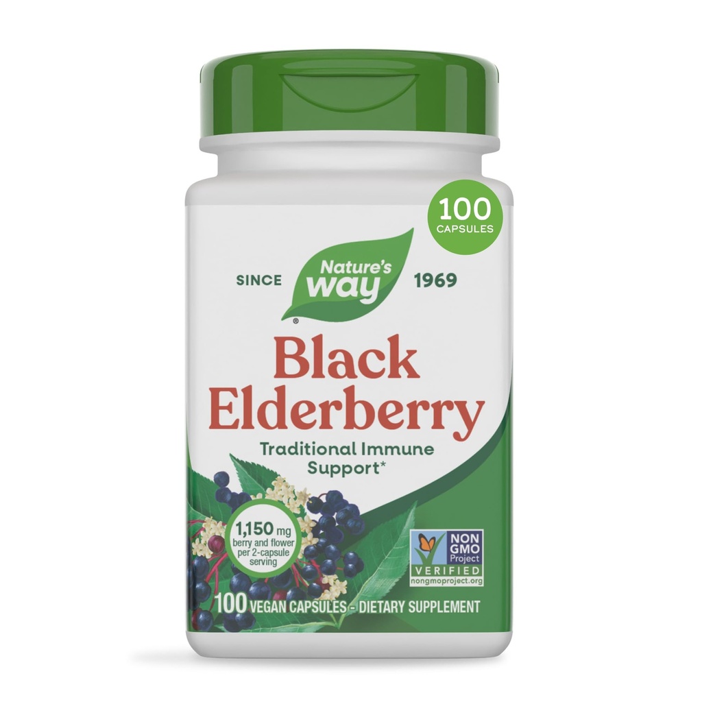 Nature's Way Zwarte Vlierbes Capsules, Traditionele Immune Support* Supplement met Vlierbes en Vlierbloesem, Plant Powered, 100 Capsules (Verpakking mei Vary)