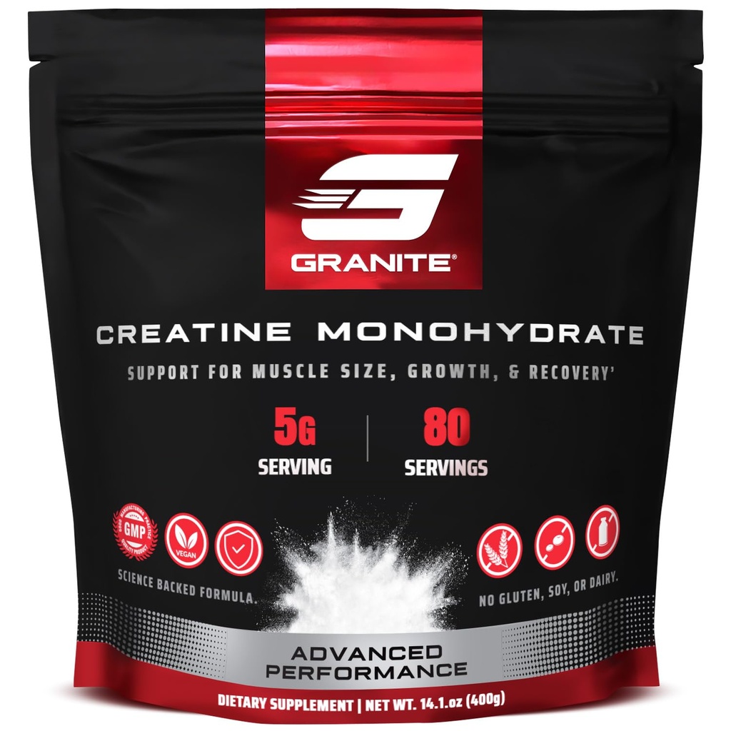 Graniet Creatine Monohydraat, ondersteunt sterkte, duurzaamheid, & spierherstel, Creatine voor mannen & vrouwen, Sojavrij, zuivelvrij, glutenvrij (80 porties)