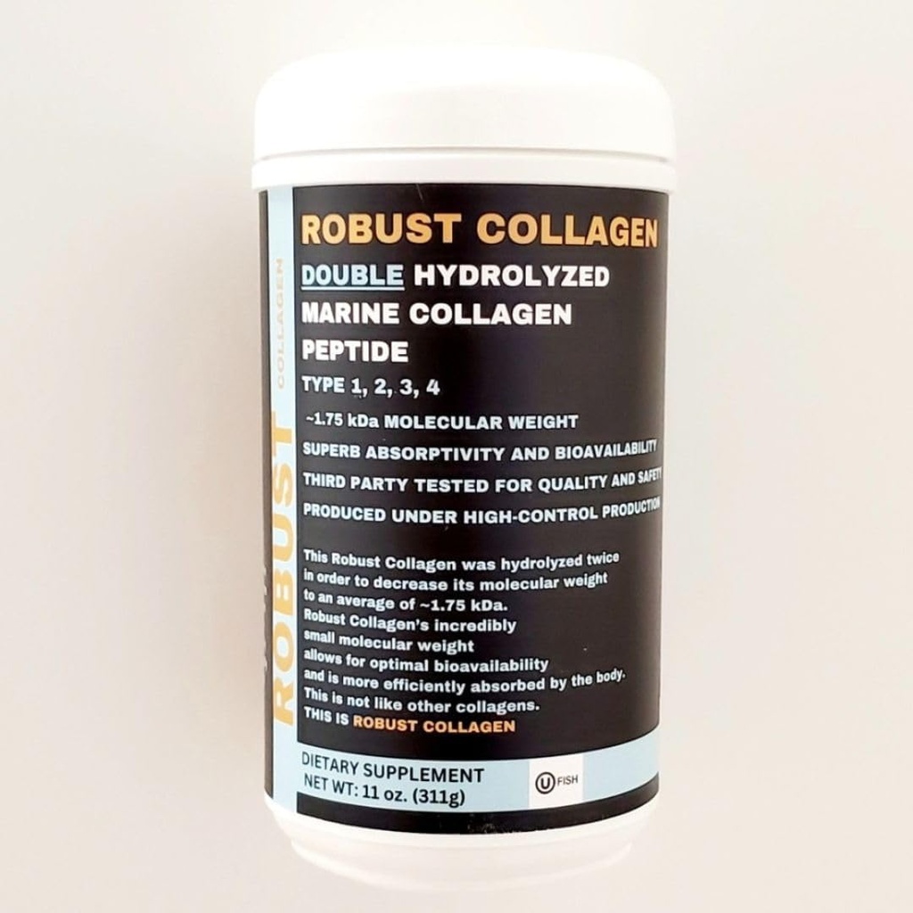 Robuuste Collageen Dubbele Gehydrolyseerde Marine Collageen Peptide. Type 1, 2, 3 & 4. Extra laag moleculair gewicht voor een uitstekende biologische beschikbaarheid en absorptie. Kosher Certified (OU)
