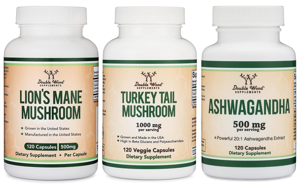 Double Wood Supplementen Lion's Mane Mushroom 120 Telling, Turkije staart 120 Telling, Ashwagandha 120 Tellen