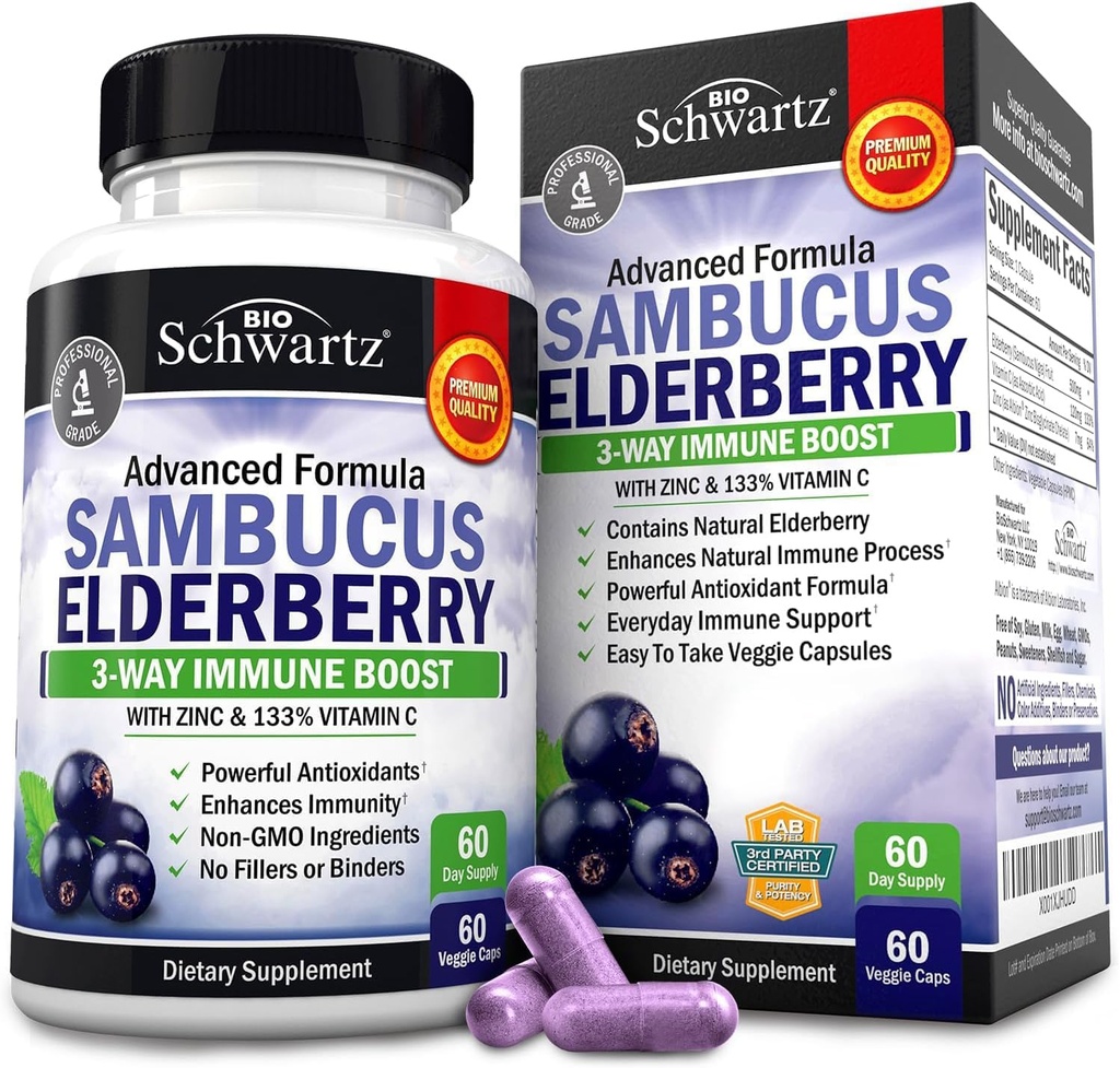 BioSchwartz Elderberry Capsules 60 Tel + Omega 3 Visolie 90 Tel Bundle