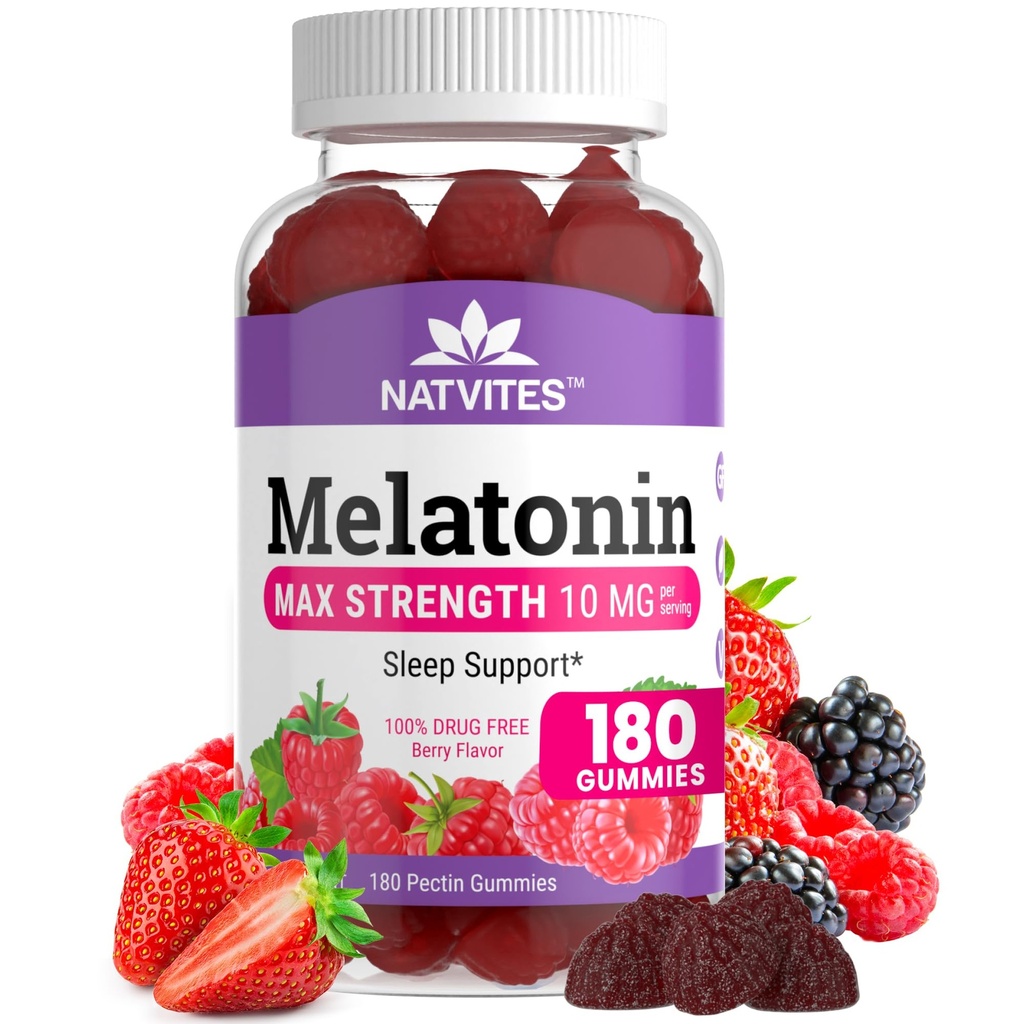 Melatonine Gummies Max Strength 10mg Pectine Gummies, Helpt met slaapondersteuning, Berry Flavor Gummy, 100% Drugvrij, 180 Tellen (Pack of 1)