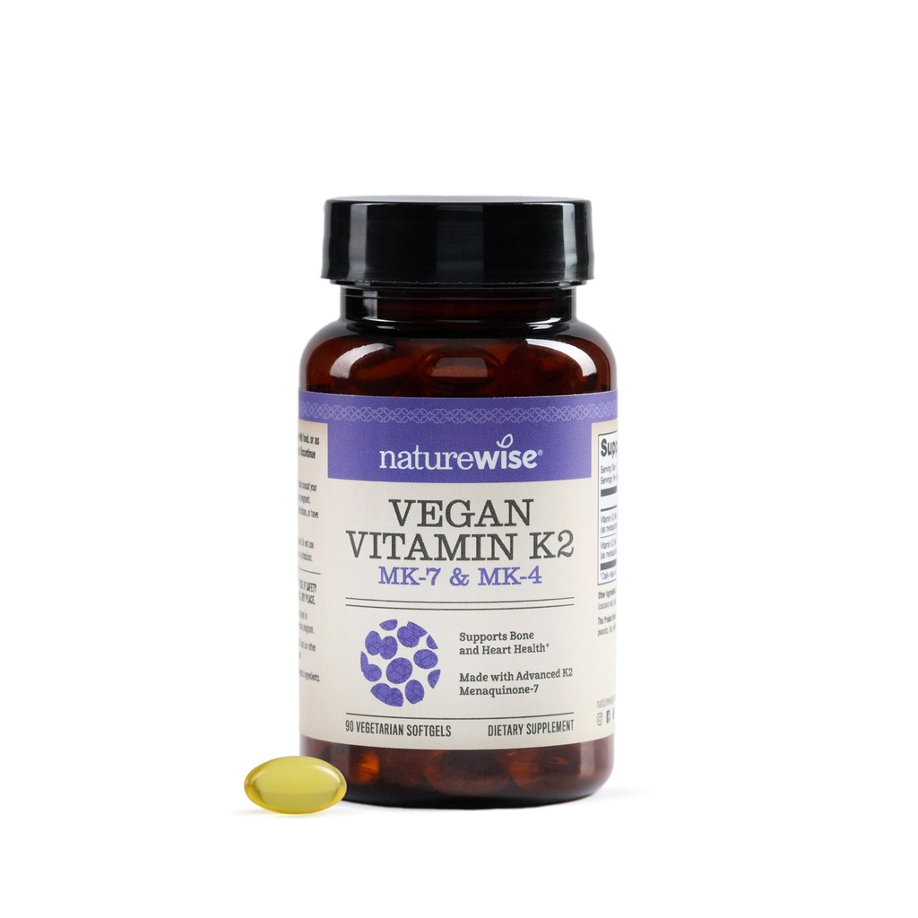 NatureWise Vitamine K2 Supplément 600mcg avec MK-7 100mcg & MK-4 500mcg - Formule Biodisponible améliorée - Complexe K pour la santé des os et du coeur - Vegan, sans gluten, sans OGM -90 Softgels[3-Mois]