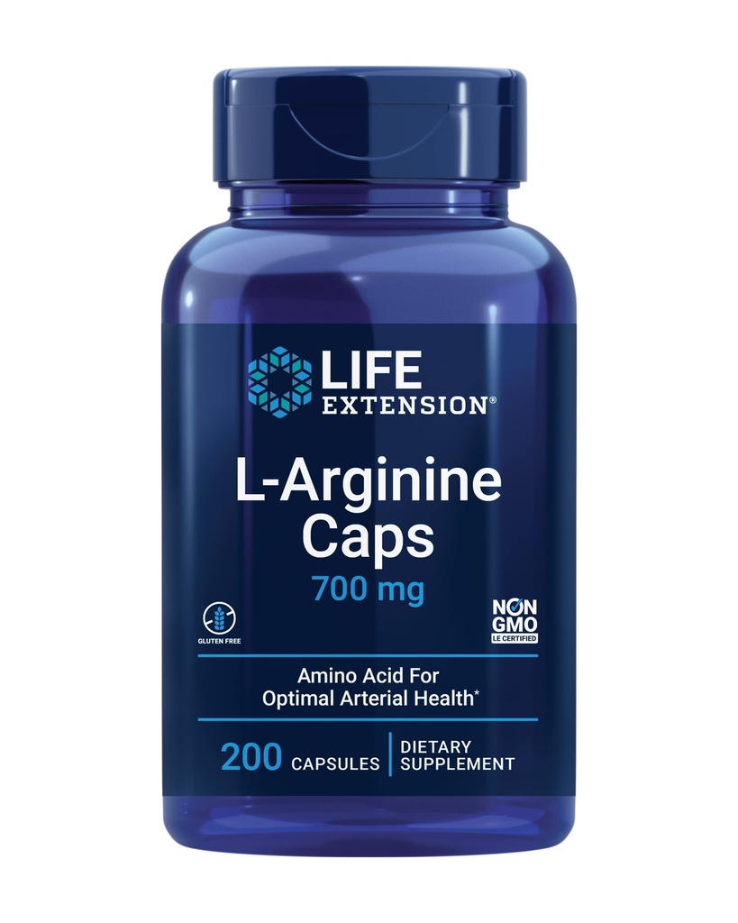Extension de vie Caps L-Arginine, 700 mg, vitamine C et acide amino pour la santé artérielle optimale, soutient la santé cardiaque et immunitaire, tissu et os sains, sans gluten, sans OGM, 200 capsules