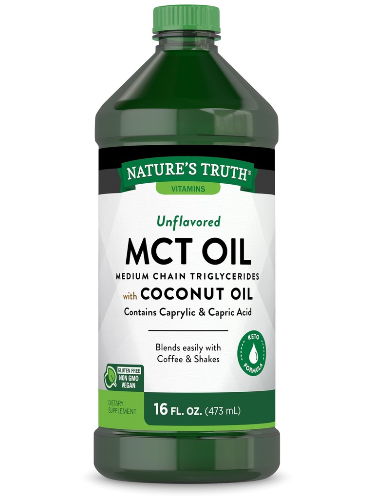 Nature's Truth MCT Oil, 16 fl. oz, Keto, formule non aromatisée avec huile de coco, végétalien, sans OGM et supplément sans gluten