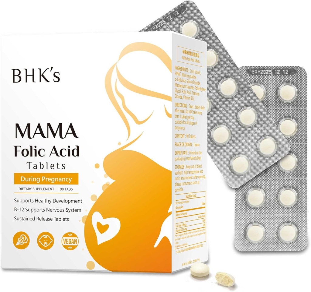 Foliumzuur van BHK, voordat tijdens de zwangerschap, ondersteunen Baby Zenuwstelsel ontwikkeling, essentiële vitamines voor moeder & baby, 90 tabletten