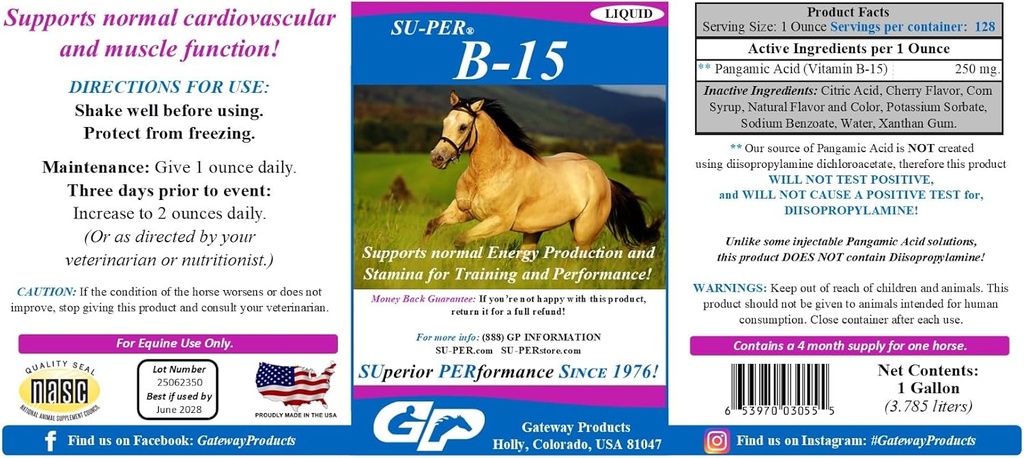 SU-PER B-15 Vitaminesupplement voor paarden - Equine Vitamine B-15 Liquid for Performance Support - Ondersteunt normale cardiovasculaire immuun- en spierfunctie - 1 gallon + pomp, 4 maanden levering