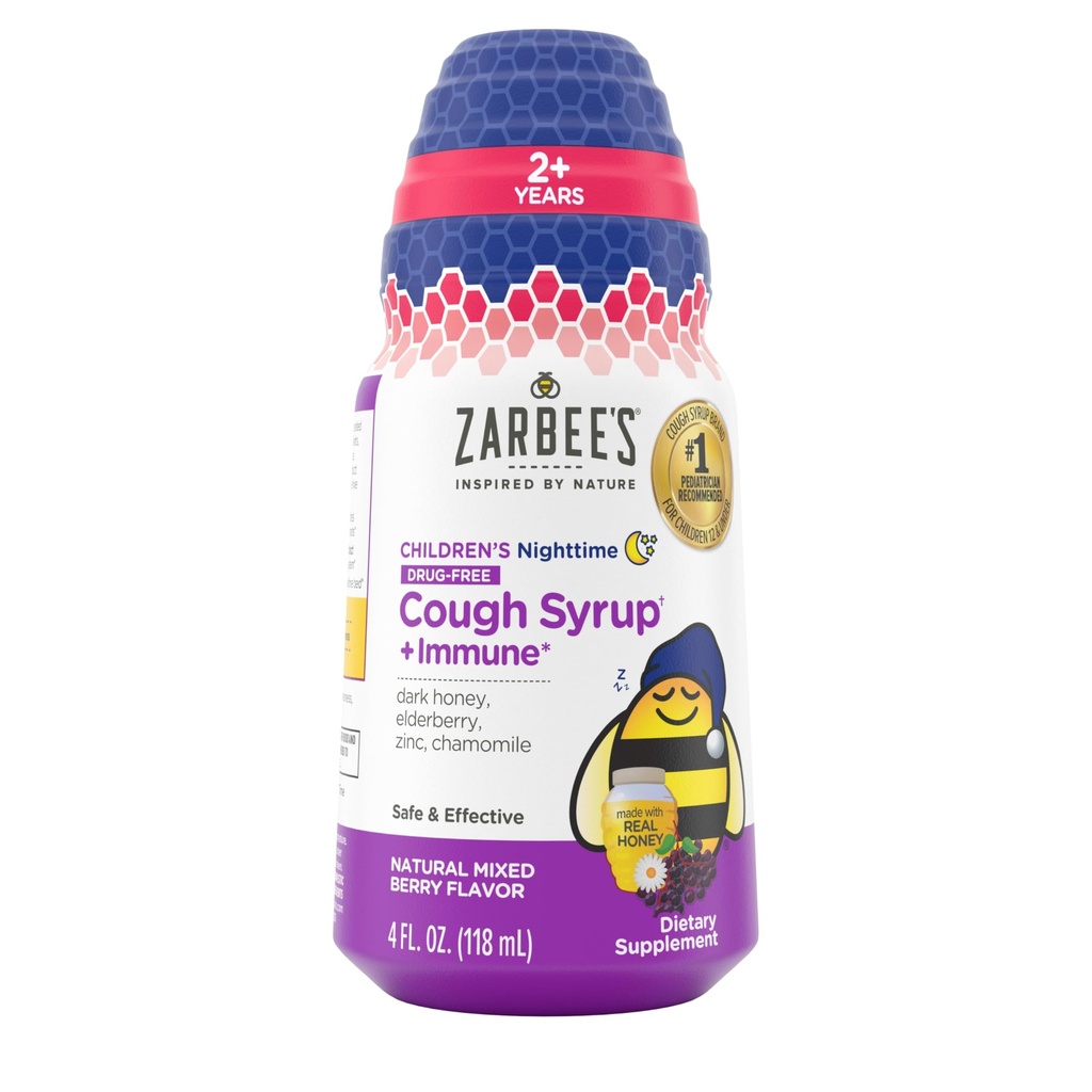 Zarbee's Children's Nighttime Honey Cough Syrup + Immune for Kids 2+, Cough Syrup with Soothing Dark Honey, Real Vlierberry, Vitamine D & Zink, & kamille, Drug-Free, Mixed Berry, 4 fl. oz