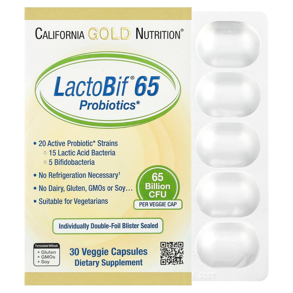 LactoBif Probiotica, 65 Blion CFU, 20 Actief en klinisch onderzocht Probiotische Strains, Sojavrij, Suikervrij, Vegetarisch, Individueel Dubbelfolie Blisterverzegeld, 30 Veggie Capsules