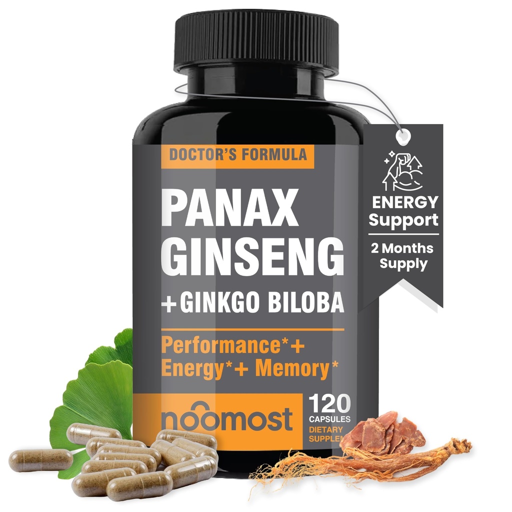 NooMost Authentic Korean Red Panax Ginseng + Ginkgo Biloba, 120 Capsules Vegan, Poudre d'extrait de racine de Ginseng 1000mg (10% Ginsénosides) + Gingko Biloba 60mg, Pilules d'énergie et de focus pour hommes et femmes