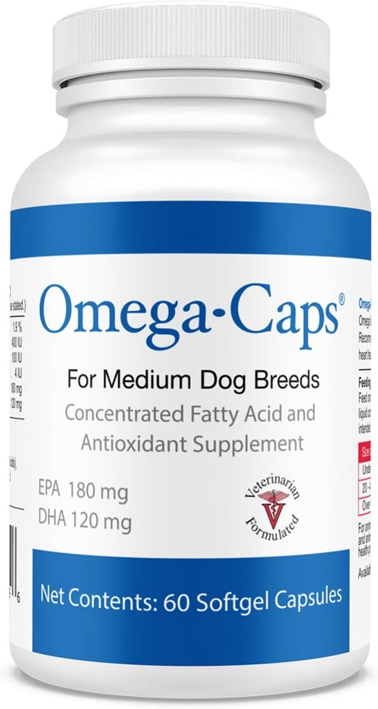 Omega-Caps voor Medium Honden Ras - Omega 3, Vitaminen, Mineralen, Antioxidanten - Ondersteuning Immune System, gewrichten, Hart en Hersen - 60 Softgel Capsules