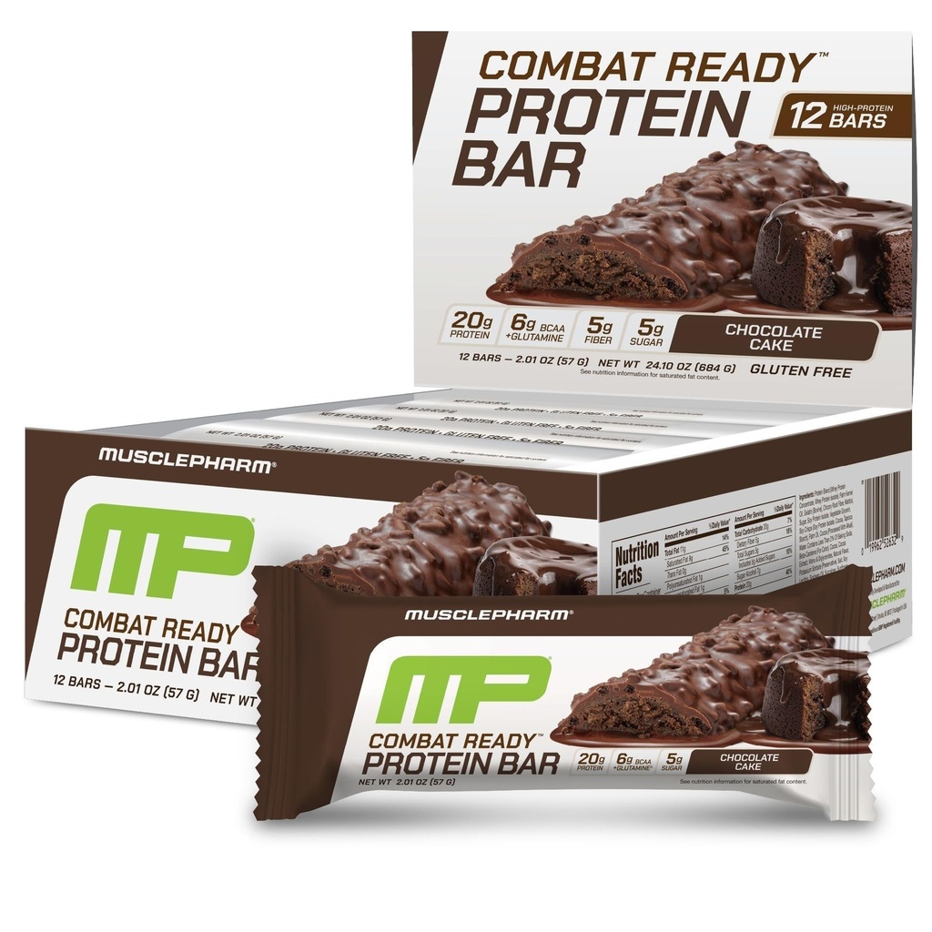 MusclePharm Combat Sport Bar, Chocolate Cake Bars haute teneur en protéines, Cravates de combat, Performance du carburant et répondre aux demandes d'énergie, 20g Protéines de Whey Protein, 5g Fibre, sans gluten, 12 barres