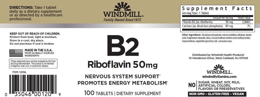 Ventilateur Vitamine B-2 50 mg Comprimés - 100 ea (6 Pack)