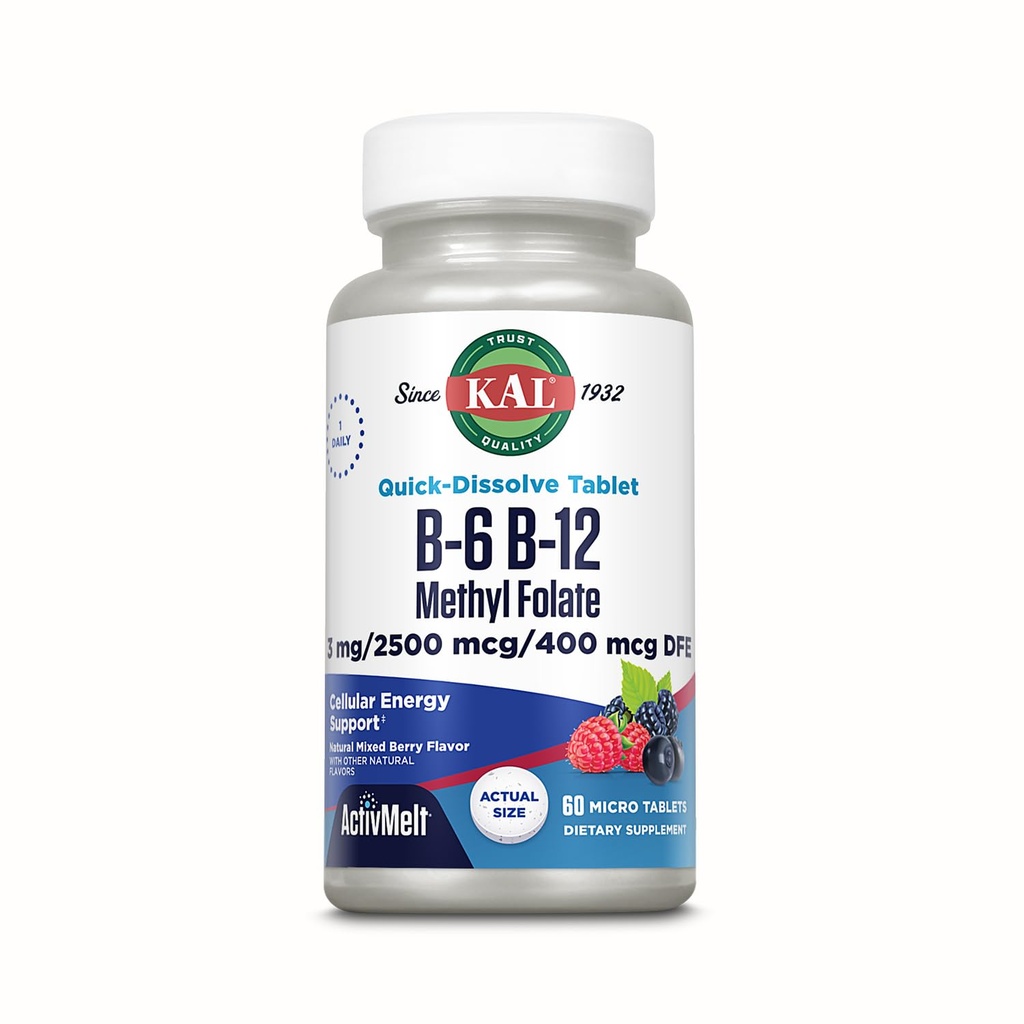 KAL Vitamin B-6 B-12 Methyl Folate ActivMelt, Vitamine B Supplement, Hartgezondheid, Energie en Rode Bloedcel Ondersteuning met Methyl B12 en DFE Foliumzuur, Natuurlijke Berry Smaak, 60 Servers, 60 Micro Tabs