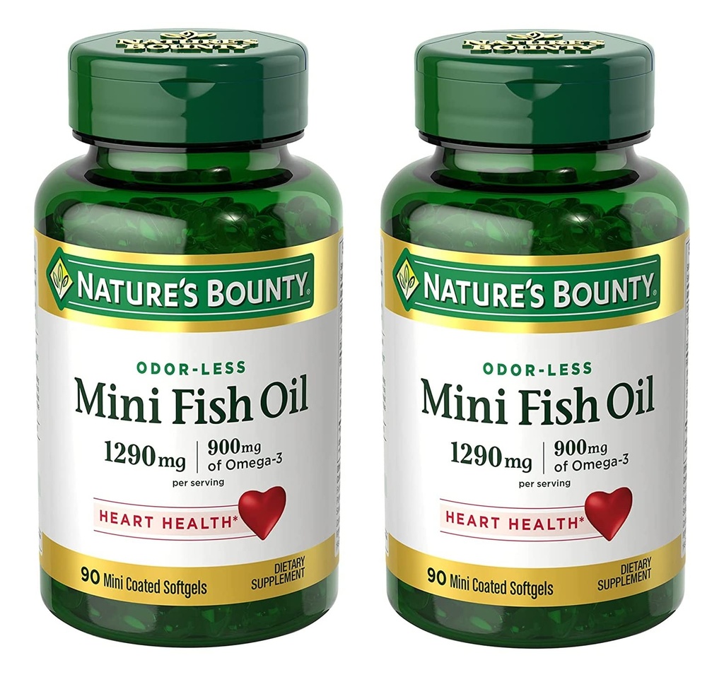 Nature's Bounty Mini Fish Oil Softgels 1290 mg, Omega-3, ondersteunt Heart Health, Odor-Less, 90 Mini Coated Softgels - Pack of 2