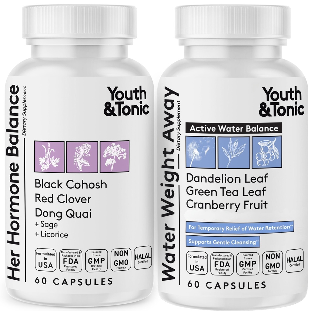 Jeugd & tonic Vrouwen Water gewichtsverlies pillen voor Hormonale veranderingen en vochtretentie tijdens PMS, Menopauze Zwelling, Bloating & Hormone Balance 120 Capsules
