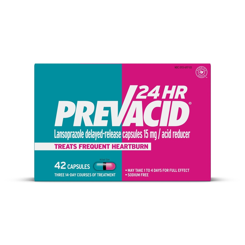 Voorzuur 24HR Lansoprazol Capsules met vertraagde afgifte, 15 mg/Acid Reducer, Protonpompremmer (PPI) voor Heartburn Relief, 42 Tel.