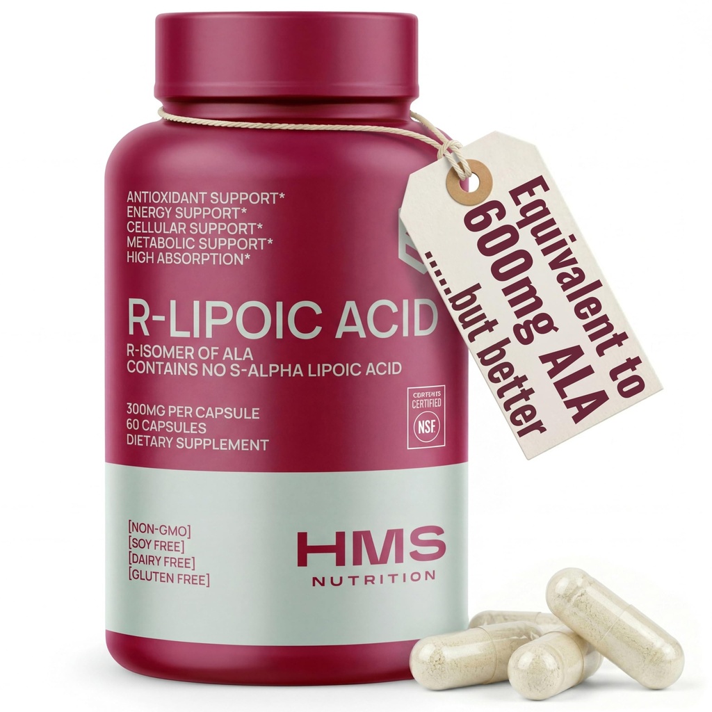 HMS Nutrition Stabilized R-Lipoic Acid 300 mg per Serving — Pure R Alpha Lipoic Acid (R-ALA) High Potency Active R Isomer Antioxidant Nerve & Metabolism Support — NSF Certified Non-GMO Vegan 60Capsule