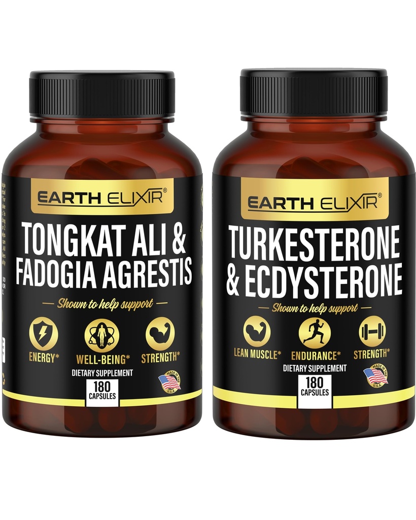 Earth Elixir Fadogia Agrestis 600mg and Tongkat Ali 500mg + Turkesterone1000mg and Ecdysterone 1000mg Supplements (180 Capsules) Bundle
