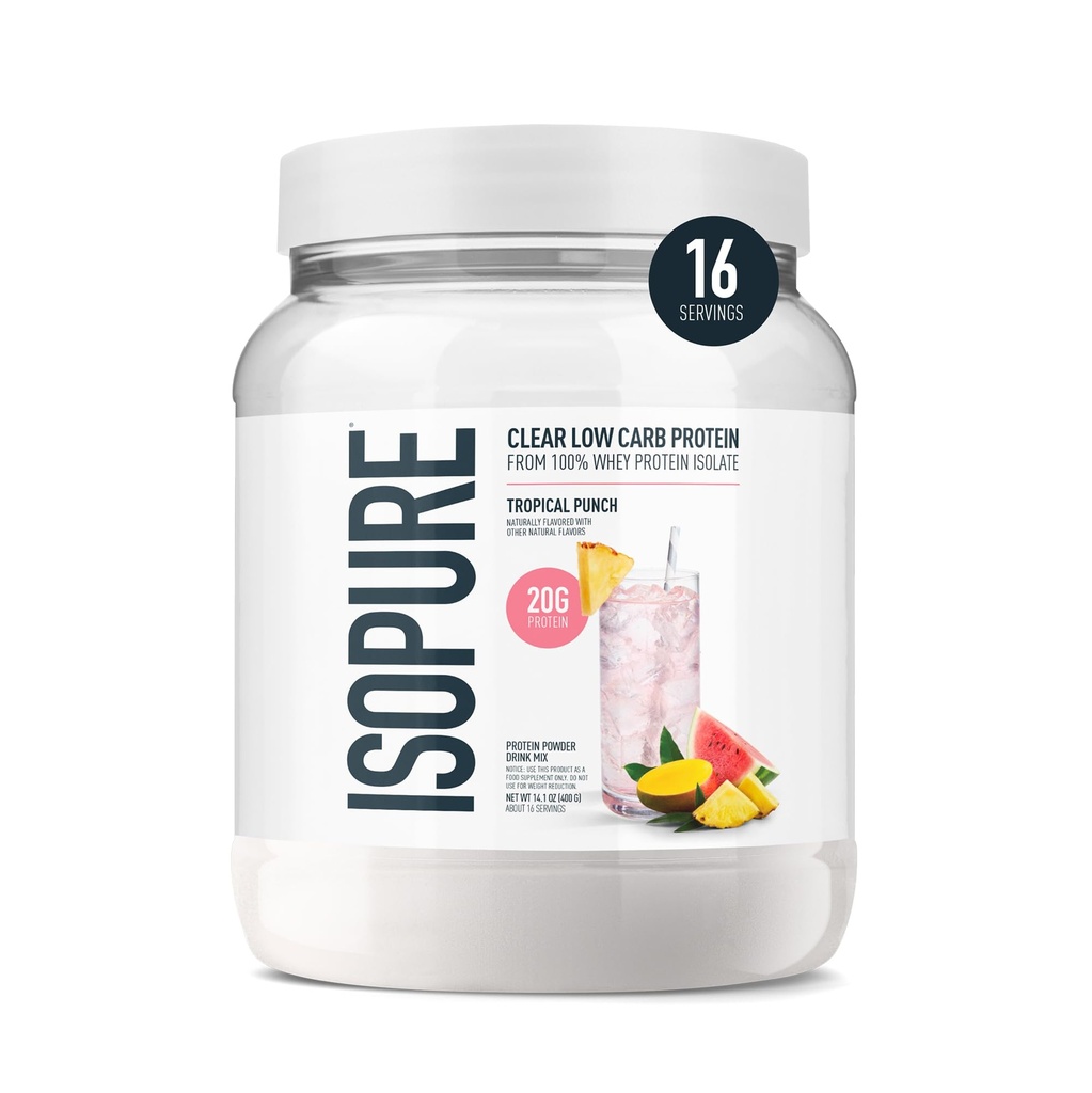 Poudre de protéines isolates de lactosérum, sans lactose, sans gluten, naturellement aromatisées, punch tropical, 20g de protéines par portion, 14,1 Oz, 16 portions (paquetage mai Vary)