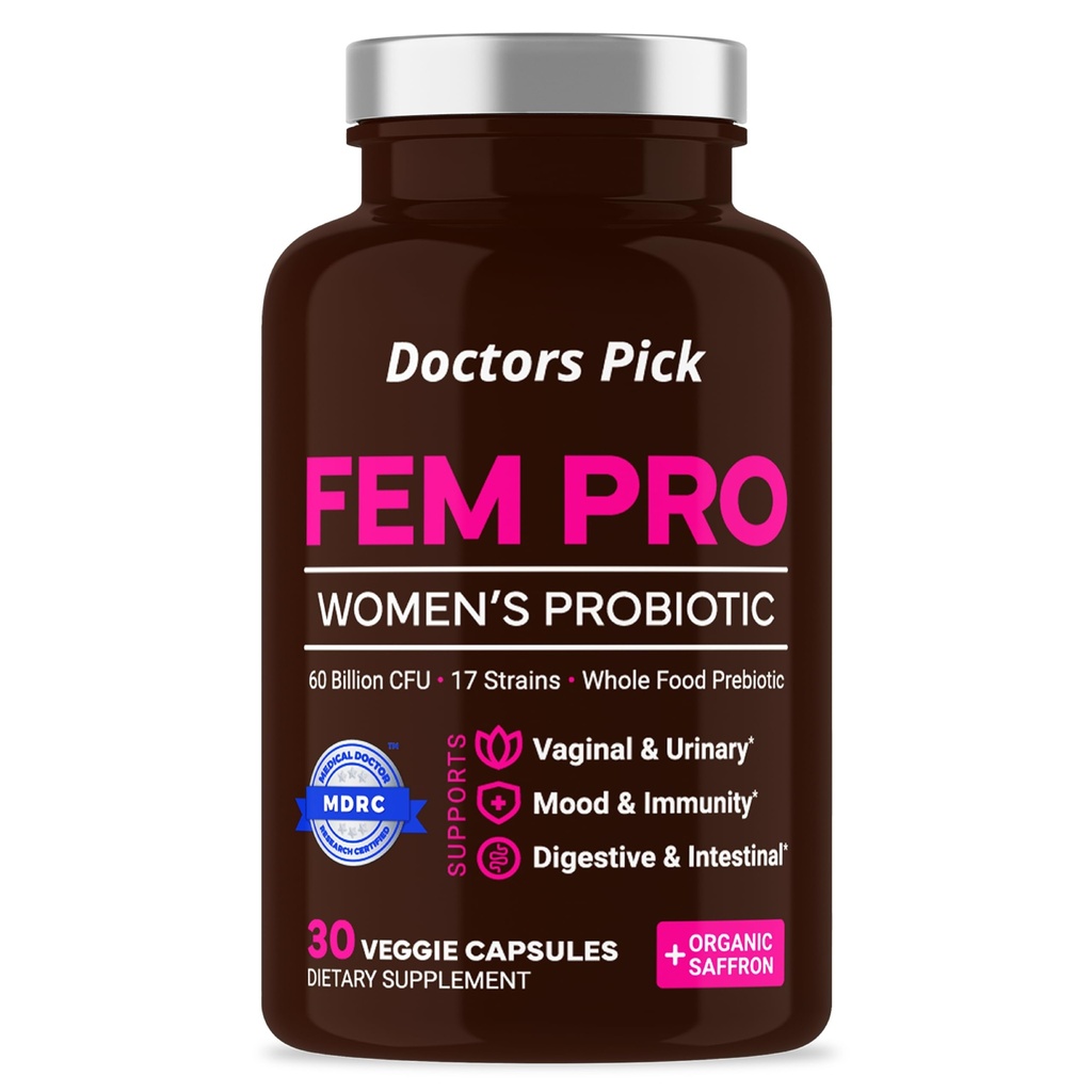 Fem Pro Probiotica voor vrouwen. 17 Klinisch effectieve strepen voor vaginale, digestieve en immuunondersteuning, urinetrek gezondheid, pH-balans en stemming. Biologische Prebiotica, 30 Veggie Capsules
