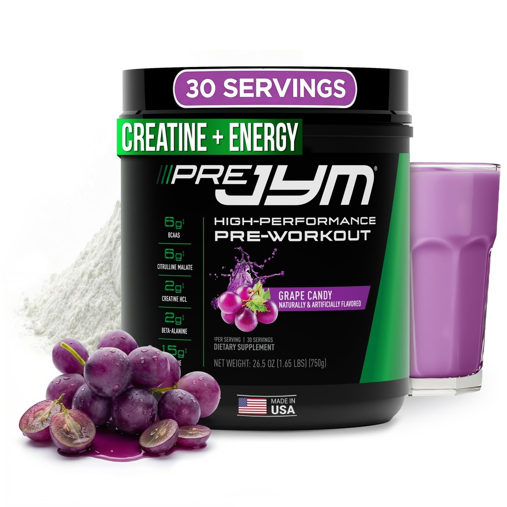 JYM Supplement Science Pre JYM Grape Candy Pre Workout Powder for Men & Women, BCAA's, Nootropics, Creatine HCI, Citrulline, Beta-Alanine, Betaine, Taurine, Huperzine, 30 Servers
