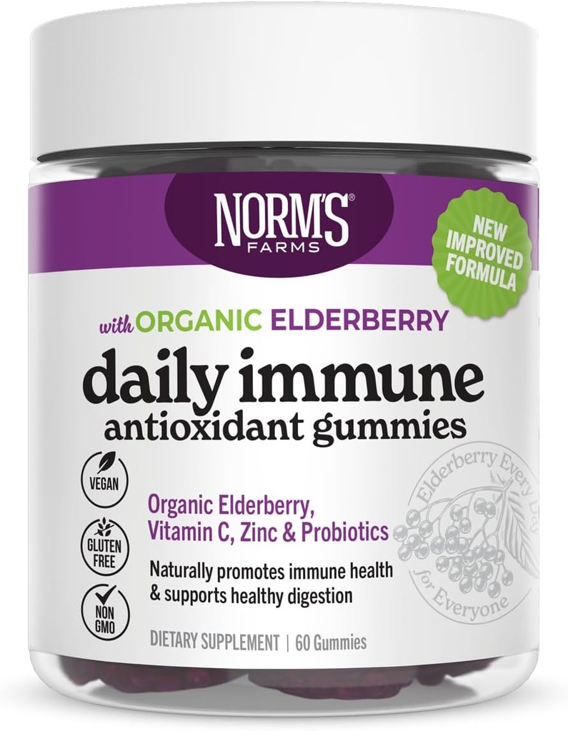 Norm's Farms Biologische Vlierbessen Gummies - Dagelijkse Immune Ondersteuning voor volwassenen & kinderen met zink, DE111 Probiotic, Vitamine C - Made in USA, 3rd Party Tested - Vegan, Gluten-Free, Kosher, Non-GMO, 60 Gummies