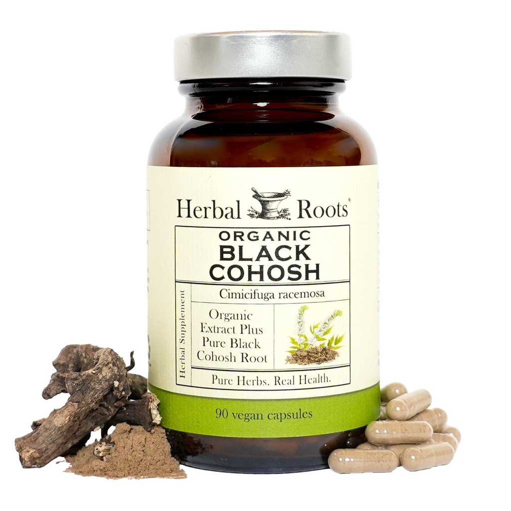 Kruidenwortels Biologische Black Cohosh Root Extra Sterkte Menopauze en Menstruele Ondersteuning voor vrouwen 90 capsules, Veganistisch