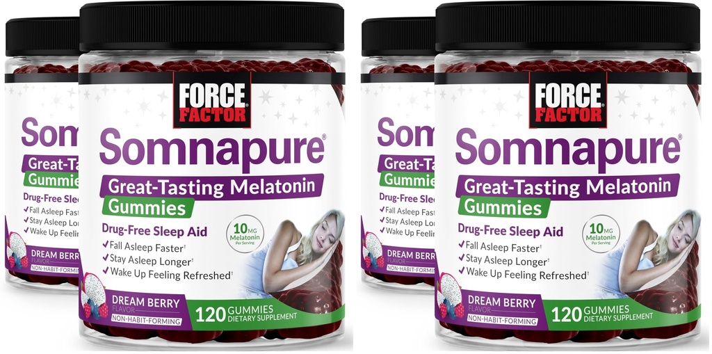 Facteur de force Somnapure Gummies avec la mélatonine, Supplément de sommeil sans drogue pour les adultes avec l'insomnie occasionnelle, Dream Berry Flavor, 120 comte (paquet de 4)