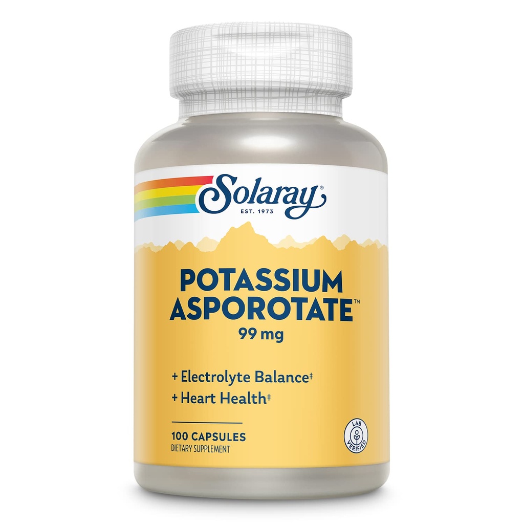 Solaray Kalium Asporotaat chelated supplement, Electrolyte Balance & Heart Health Support, 100 porties, 100 capsules