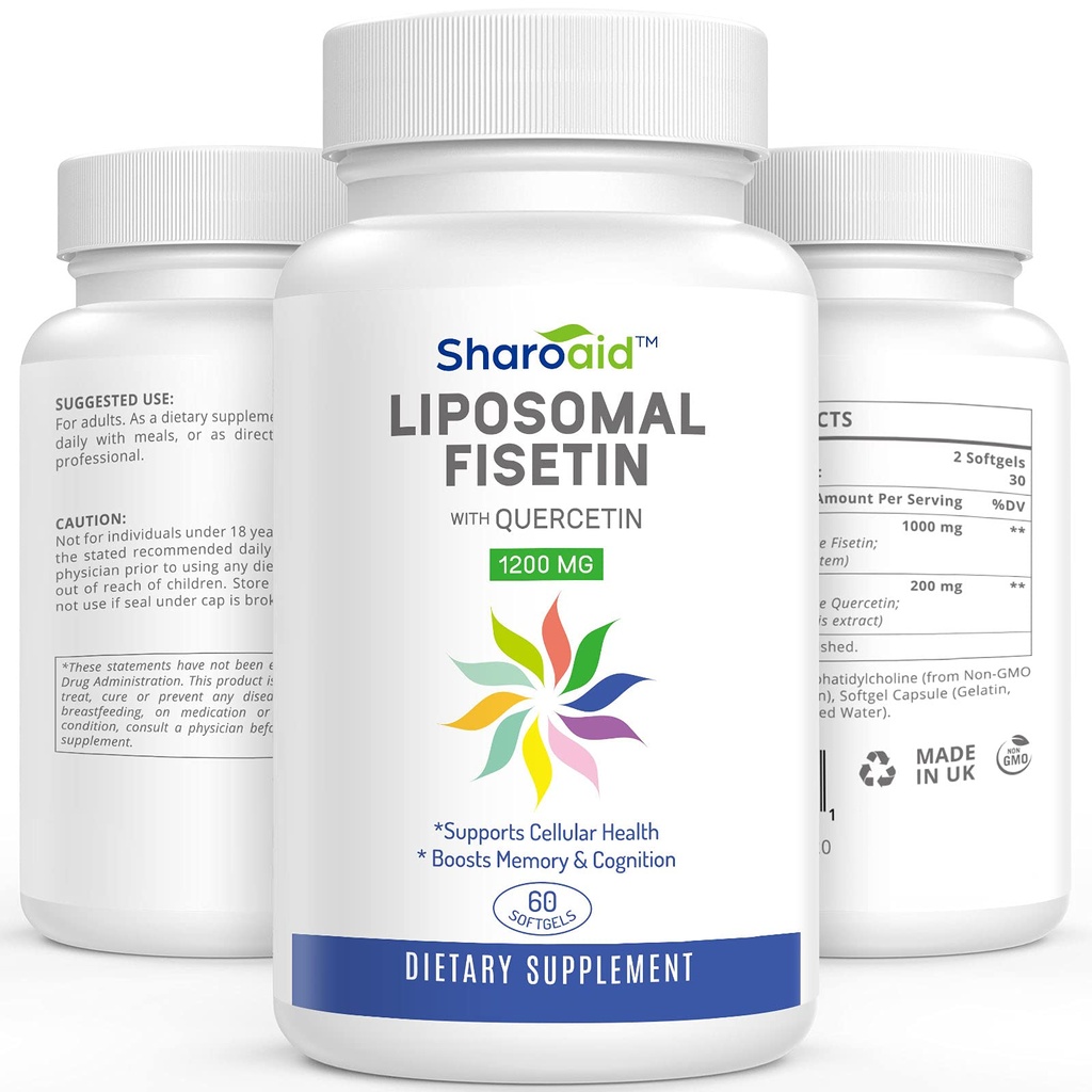 Fisetin liposomique avec suppléments Quercetin 1200 mg par portion, Polyphénols à haute absorption Antioxydants pour les femmes, Hommes,Non-OGM,Sans gluten,1 Bouteille-60 Softgels