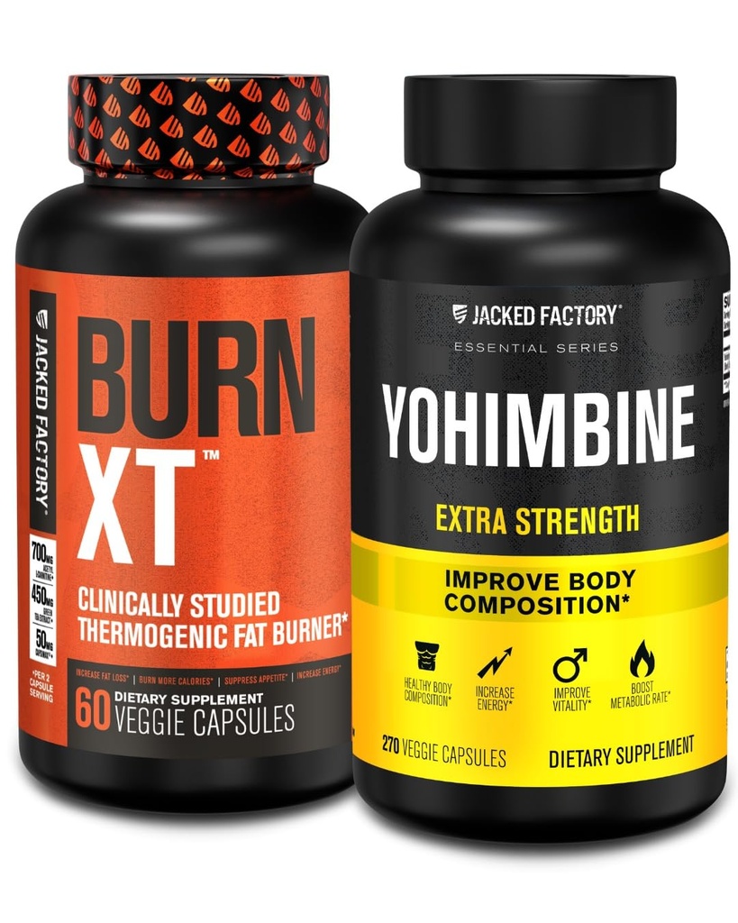 Brûleur de graisse Jacked Factory avec Yohimbine - Suppléments thermogéniques pour les hommes et les femmes - Brûleur de graisse thermogénique Burn-XT et supplément de force supplémentaire Yohimbine 2,5mg, 270 Capsules