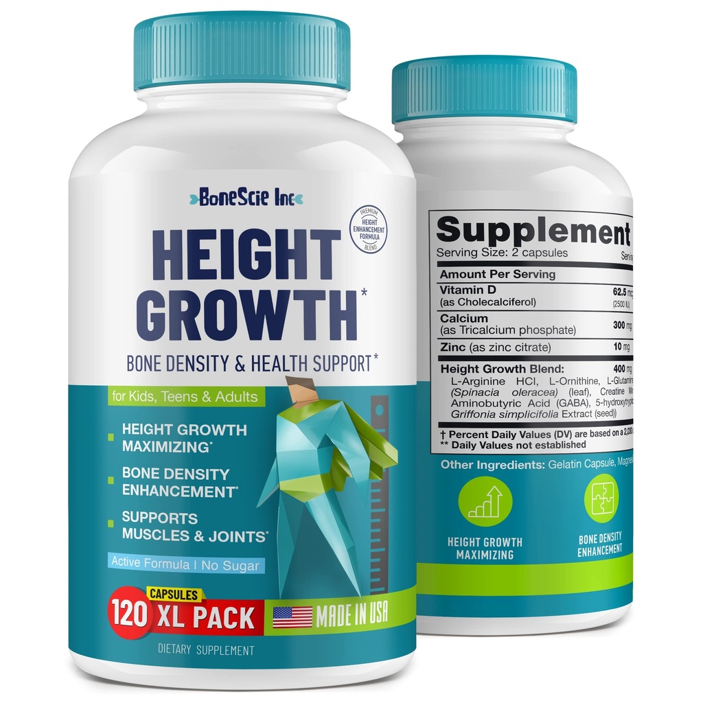 Hoogte Growth Maximizer - Made in USA - Natural Height Increase Booster & Bone Growth Pillen - Grow Taller Supplement voor volwassenen, tieners en kinderen - Vitaminen voor jongens en meisjes te krijgen Taller - 120 capsules