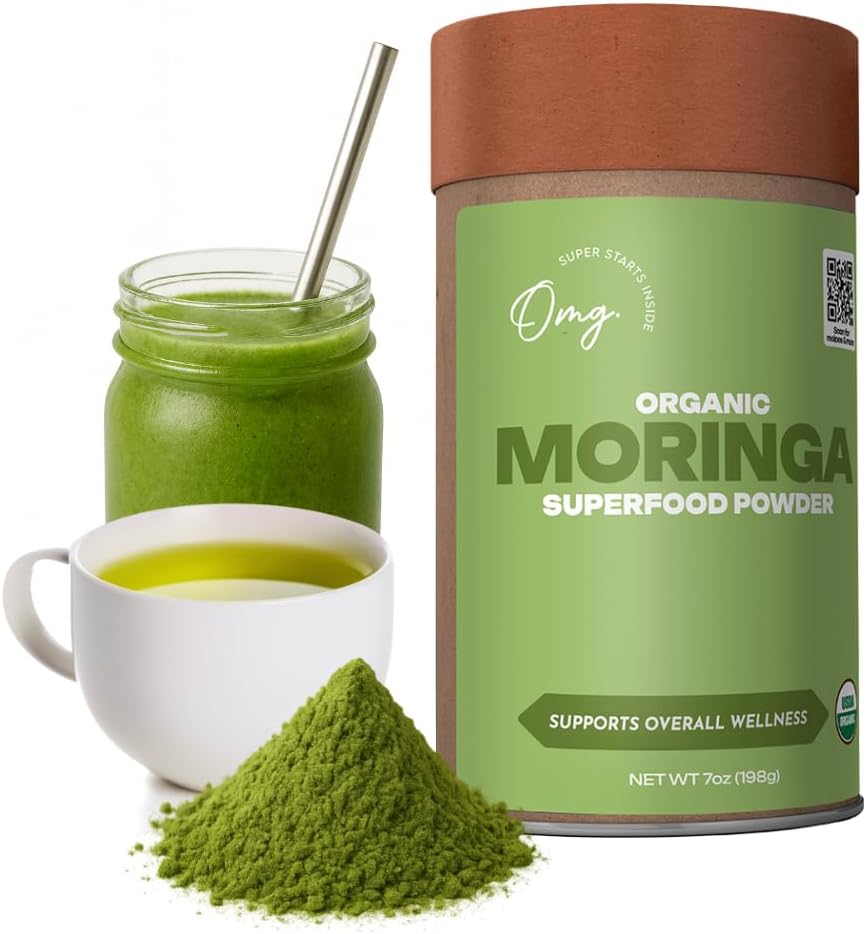 OMG! Superfoods Pure en Organic Moringa Powder - USDA Certified Moringa Oleifera, Great Source of Calcium, Iron, Vitamins A & E - 7 Oz (1 Pack)