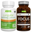 Longvida Lipideated Curcumin 500mg + Focus Brain Booster Vegan Bundle, Ultra Bio available Curcumin + Cafeïne, L-Theanine, Taurine & L-Tyrosine, B-Vitamins, Zink & Koper, door Igennus