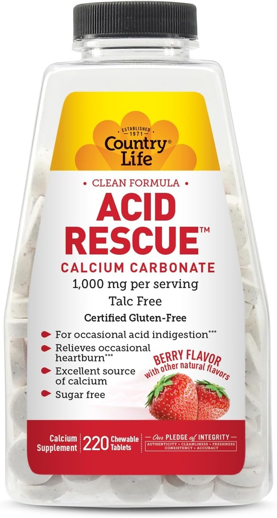 Country Life Acid Rescue Kauwtabletten - Gecertificeerde Vegan & Glutenvrije Heartburn Relief, 400mg Calcium & Magnesium, Non-GMO, Suikervrije munt smaak, Ondersteunt Bone Health, 220 Tel.