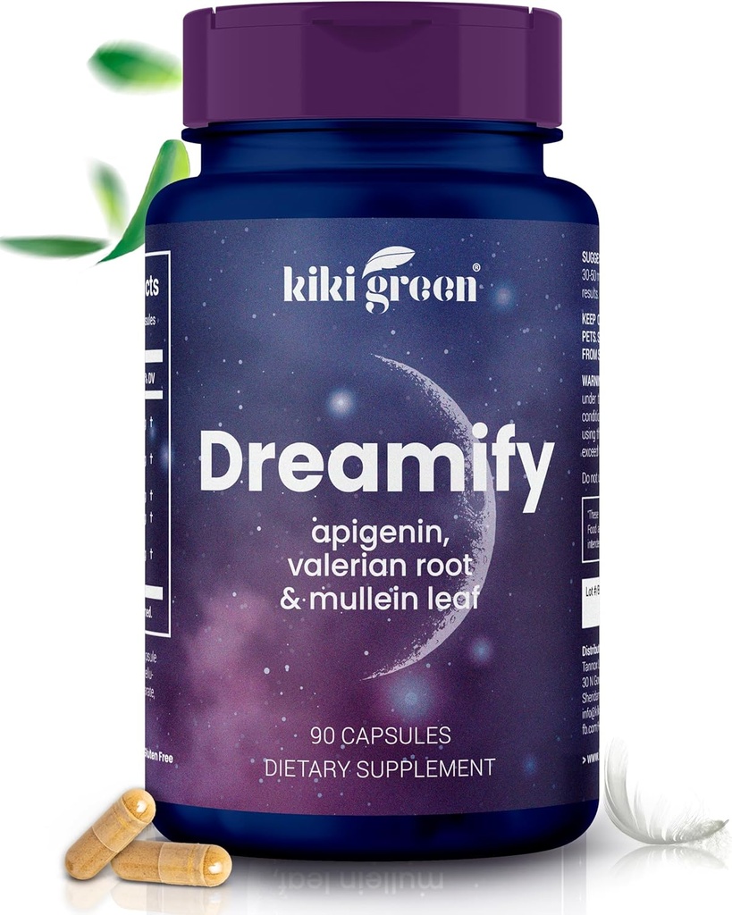 KIKI Green DREAMIFY Supplement - Apigenin, Valerian Root, Mullein Leaf Extract - Rest, Relaxation, Healthy Sleep Cycle - 90 Vegan Capsules