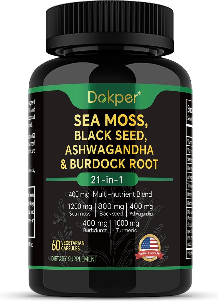 Sea Moss, Ashwagandha, Black Seed Oil Supplement, Vitamine C & D3 met Kurkuma, Bladderwrack & Burdock Root, Natural Herbal Support for Men & Women 60 Capsules, Dieetsupplementen, Pack of 1