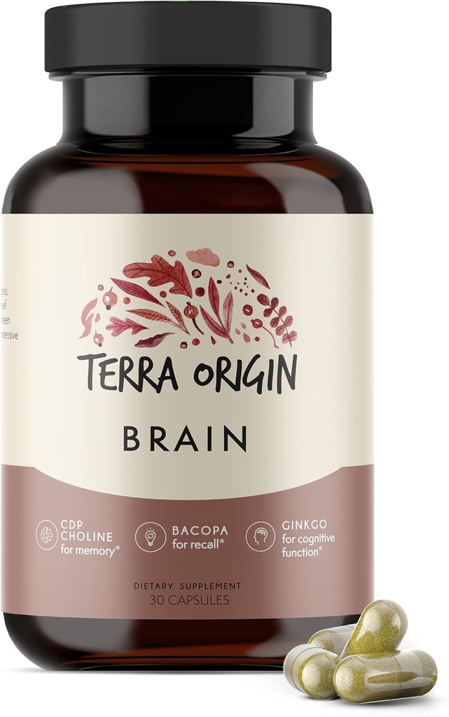 Terra Oorsprong, Gezonde Hersenen Supplement, Capsules, 30 Servers, met CDP Choline, Ginkgo Biloba Extract, en Bacopa - voor gezonde geest, verbetert geheugen, herinnering en functie